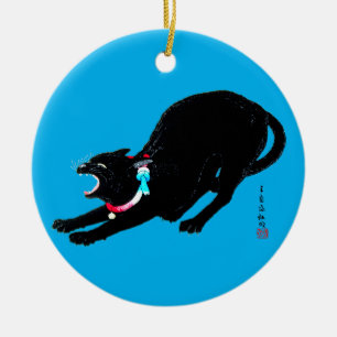 Snarling Hissing Black Japanese Cat Keramik Ornament