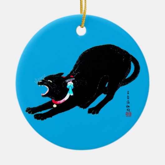 Snarling Hissing Black Japanese Cat Keramik Ornament (Vorne)