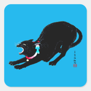 Snarling Hissing Black Japanese Cat Quadratischer Aufkleber