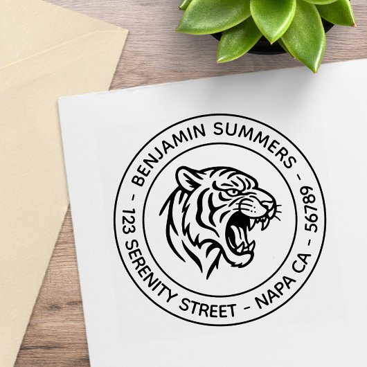 Snarling Tiger Profile Round Address Gummistempel