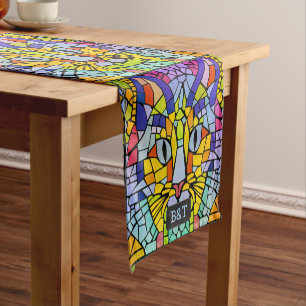 Snazzy Cat Mosaik in Rainbow Colors Fun Tiled Shir Kurzer Tischläufer