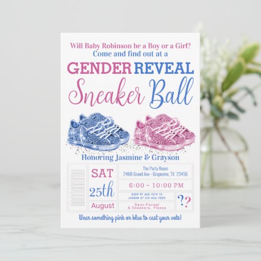 Sneaker Ball Gender Reveal Dusche Einladung (Stehend Vorderseite)
