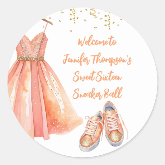 Sneaker Ball Sweet 16 Peach & Gold Glitzer Runder Aufkleber (Vorderseite)