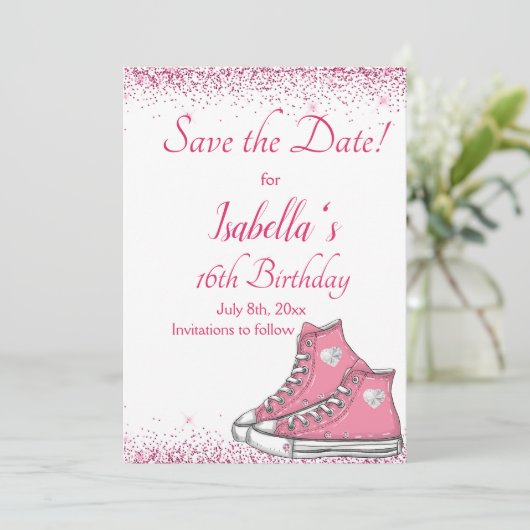 Sneaker Birthday, Glitzer Sweet 16 Save The Date (Stehend Vorderseite)