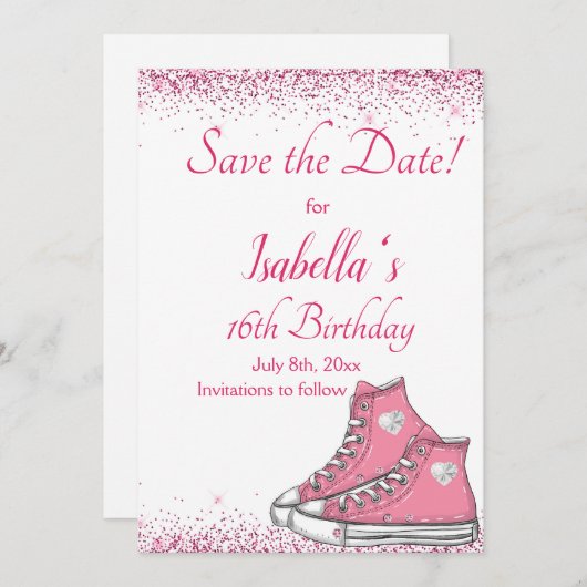 Sneaker Birthday, Glitzer Sweet 16 Save The Date (Vorne/Hinten)
