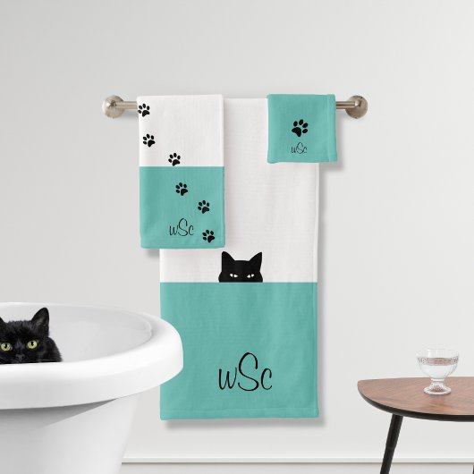Sneaky Cat Monogram Aquamarin Badhandtuch Set