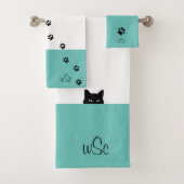 Sneaky Cat Monogram Aquamarin Badhandtuch Set (Insitu)