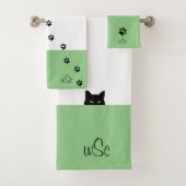 Sneaky Cat Monogram Green Badhandtuch Set (Insitu)