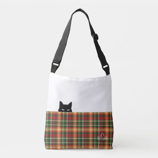Sneaky Cat Tartan Orange Green Kariert Crossbody B Tragetaschen Mit Langen Trägern (Vorderseite)