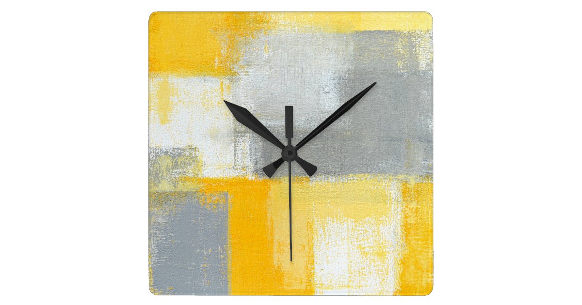 "Sneaky" graue und gelbe abstrakte Kunst-Uhr Quadratische Wanduhr
