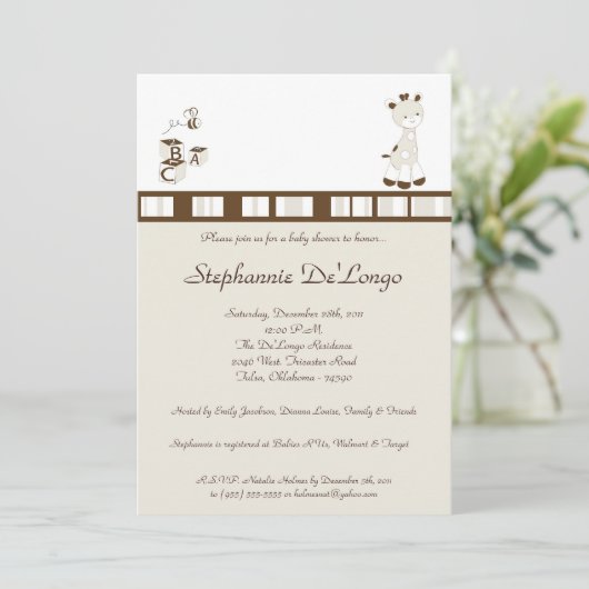 Snicker Doodle Giraffe Kinderdusche Einladung (Stehend Vorderseite)