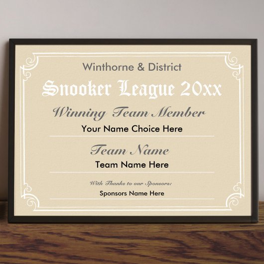 Snooker Competition Certificate Poster