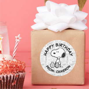 Snoopie auf Schwarz-weißen Comicen   Happy Birthda Runder Aufkleber