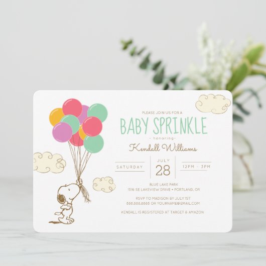 Snoopy and Balloons Baby Sprinkle Einladung (Stehend Vorderseite)