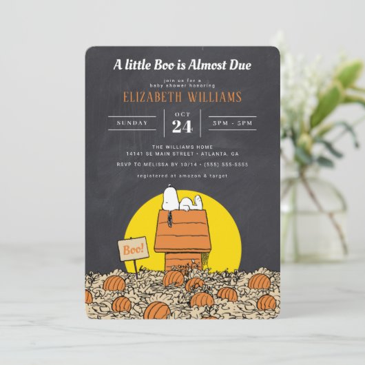 Snoopy | Ein kleiner Boo ist fast fällig Kinderdus Einladung (Stehend Vorderseite)