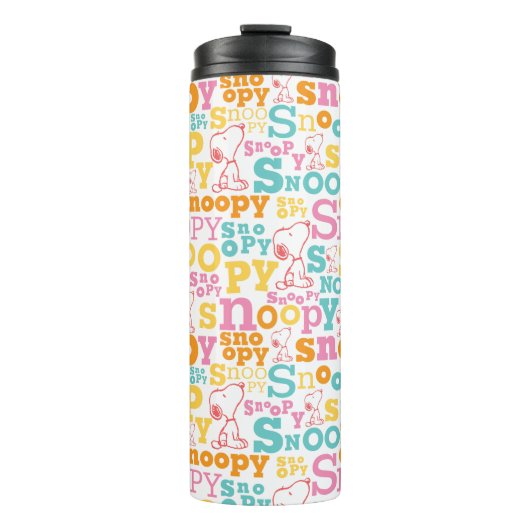 Snoopy Pastel Textmuster Thermosbecher (Vorderseite)