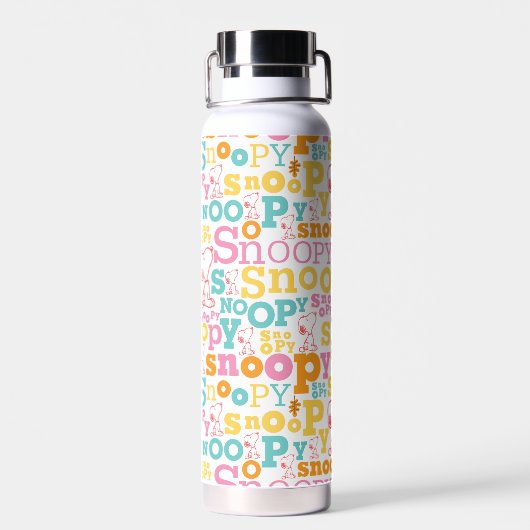 Snoopy Pastel Textmuster Trinkflasche (Rückseite)