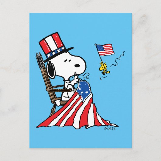 Snoopy Sewing 4. Juli Flagge Postkarte (Vorderseite)