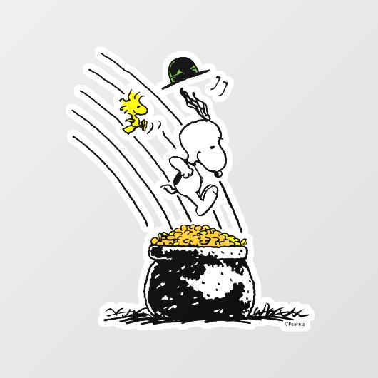 Snoopy springt in den Pot of Gold Fensteraufkleber (Blatt)