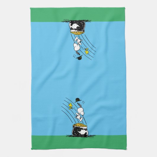 Snoopy springt in den Pot of Gold Geschirrtuch (Vertikal)