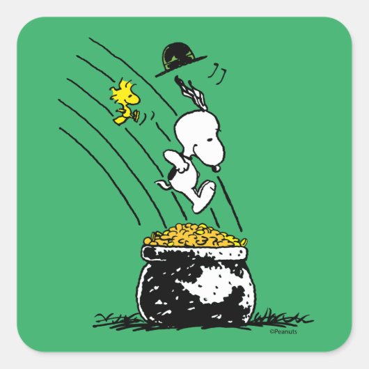 Snoopy springt in den Pot of Gold Quadratischer Aufkleber (Vorderseite)