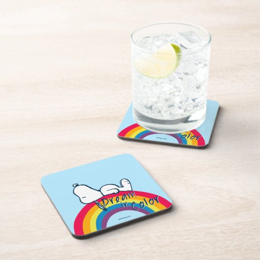 Snoopy | Traum in farbigem Regenbogen Getränkeuntersetzer (Rechte Seite)