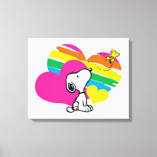 Snoopy und Holz | Rainbow Hearts Leinwanddruck (Vorderseite)