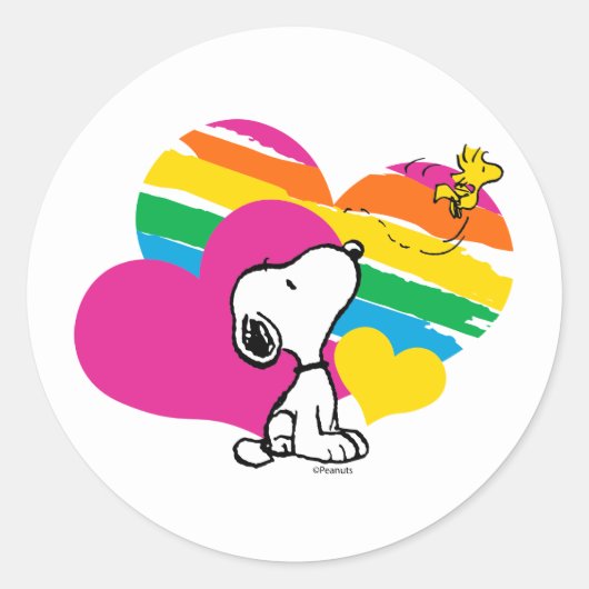 Snoopy und Holz | Rainbow Hearts Runder Aufkleber (Vorderseite)