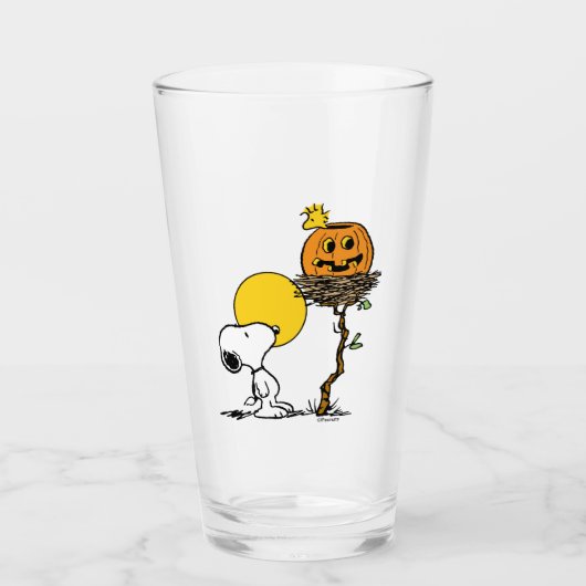 Snoopy und Holznest mit Jack O' Lantern Glas (Vorderseite)