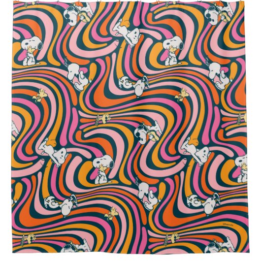 Snoopy & Woodstock Groovy Vibes Lila Muster Duschvorhang (Vorderseite)