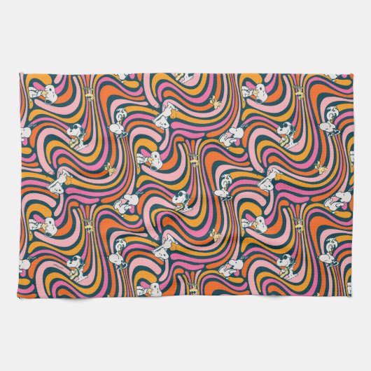 Snoopy & Woodstock Groovy Vibes Lila Muster Geschirrtuch (Horizontal)