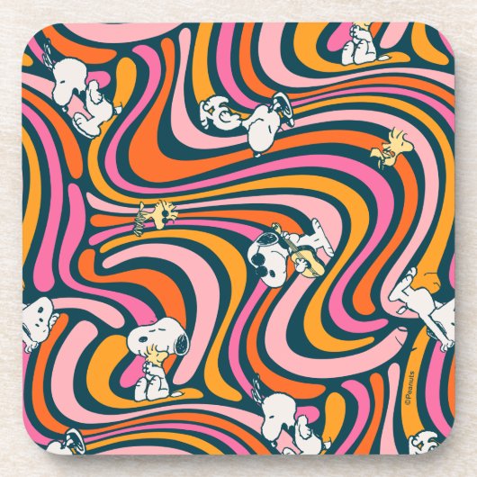 Snoopy & Woodstock Groovy Vibes Lila Muster Getränkeuntersetzer (Vorderseite)
