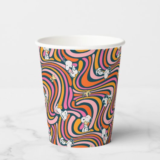 Snoopy & Woodstock Groovy Vibes Lila Muster Pappbecher (Rückseite)