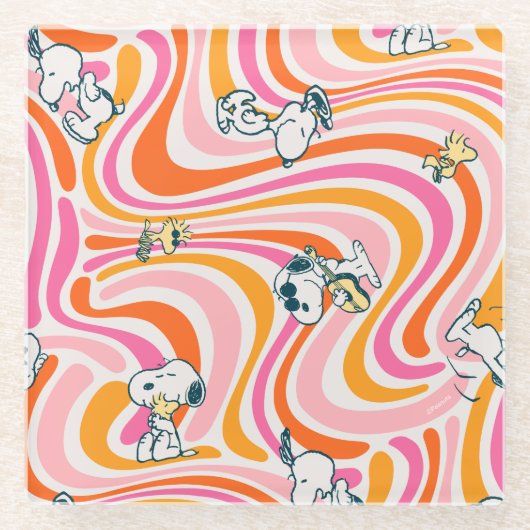 Snoopy & Woodstock Groovy Vibes Orange Muster Glasuntersetzer (Vorderseite)