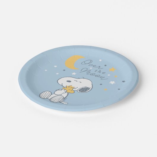 Snoopy & Woodstock | Over the Moon Baby Shower Pap Pappteller (Schrägansicht)