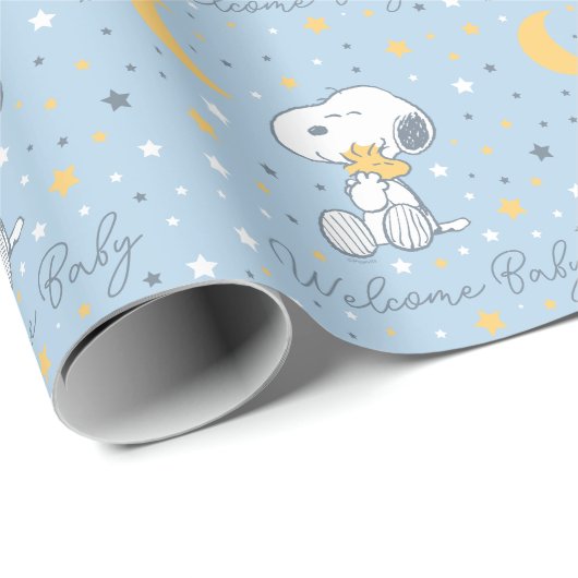 Snoopy & Woodstock | Over the Moon Baby Shower Wra Geschenkpapier (Rolleneckpunkt)