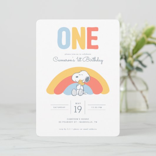 Snoopy & Woodstock Rainbow Einladung (Stehend Vorderseite)