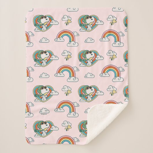 Snoopy & Woodstock Regenbogen Herzmuster Sherpadecke (Vorderseite)