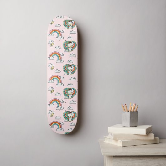 Snoopy & Woodstock Regenbogen Herzmuster Skateboard (Wandkunst)