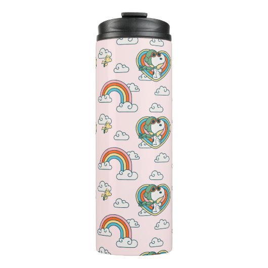 Snoopy & Woodstock Regenbogen Herzmuster Thermosbecher (Vorderseite)