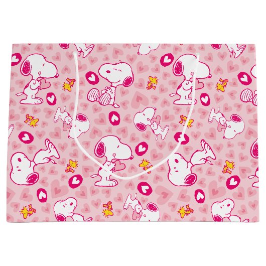 Snoopy & Woodstock rosa Herz Muster Große Geschenktüte (Vorderseite)