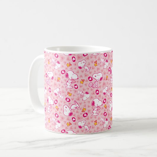 Snoopy & Woodstock rosa Herz Muster Kaffeetasse (Vorderseite Links)