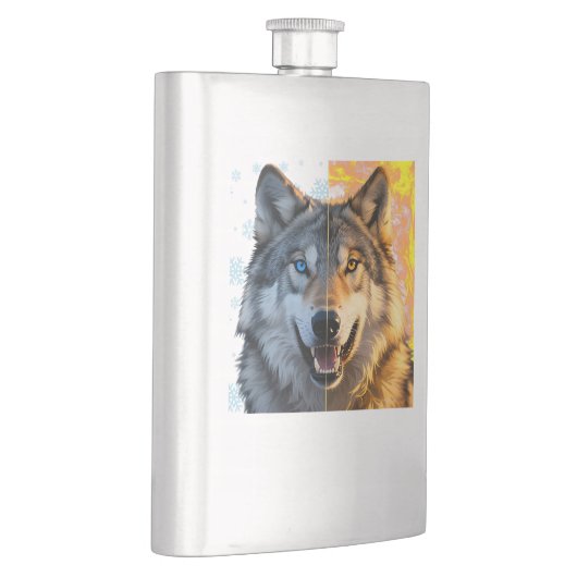 "Snow and Fire" Duality Wolf Split Portrait Flachmann (Rechts)