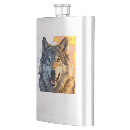 "Snow and Fire" Duality Wolf Split Portrait Flachmann (Links)