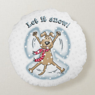 Snow Angel Dog Fun Niedlicher Weihnachtsfeiertag F Rundes Kissen