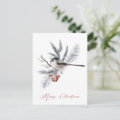 Snow Bird, Pine, Red Berries Weihnachtsfeiertag Postkarte (Stehend Vorderseite)