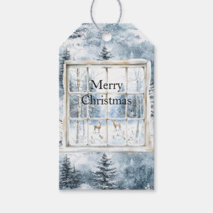 Snow Blue Christmas Trees Deer Window Geschenkanhänger