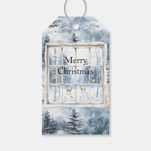 Snow Blue Christmas Trees Deer Window Geschenkanhänger (Vorderseite)