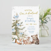 Snow Blue Winter Onederland First Birthday Einladung (Stehend Vorderseite)
