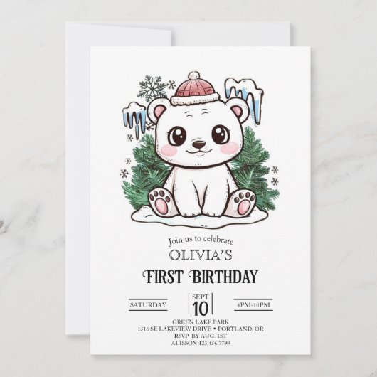 Snow Boho Polar Bär 1. Geburtstag digital Einladung (Vorderseite)